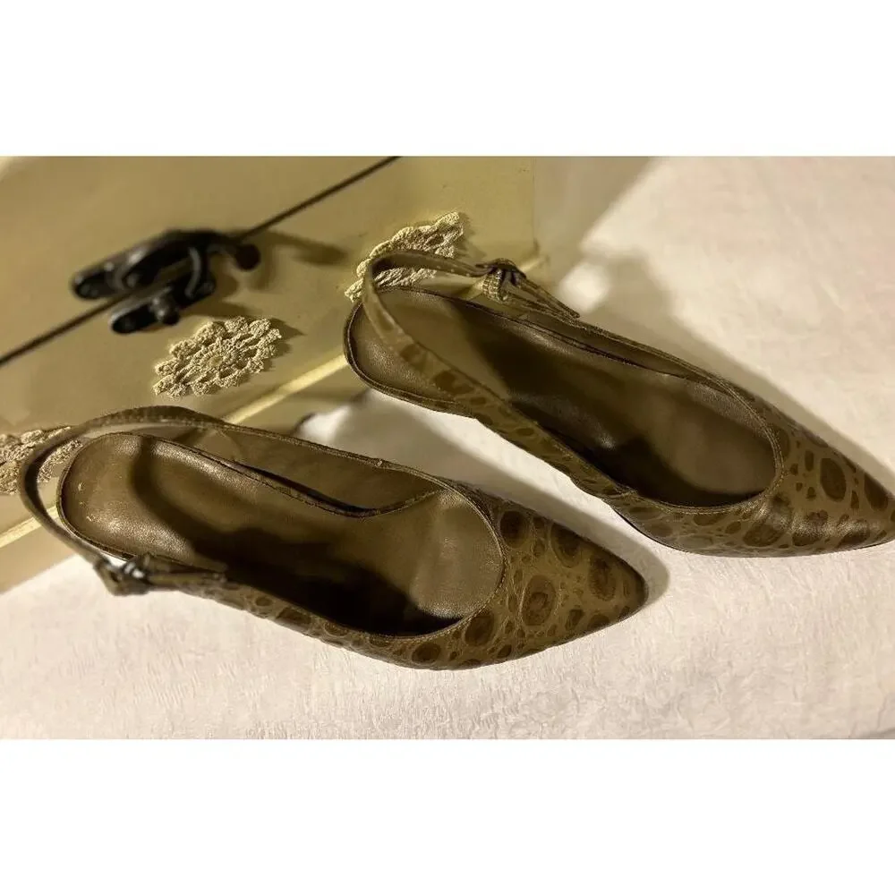 Vtg Taupe Leather Faux Croc design Sling Back Heels, Lana, Made in Brazil, SZ 7